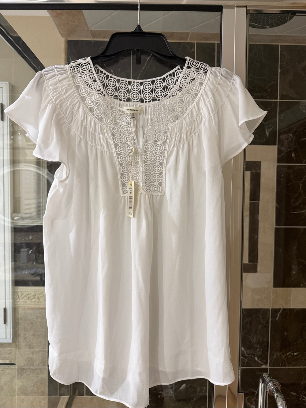 Max Studio White Eyelet Yoke Flutter Sleeve Top